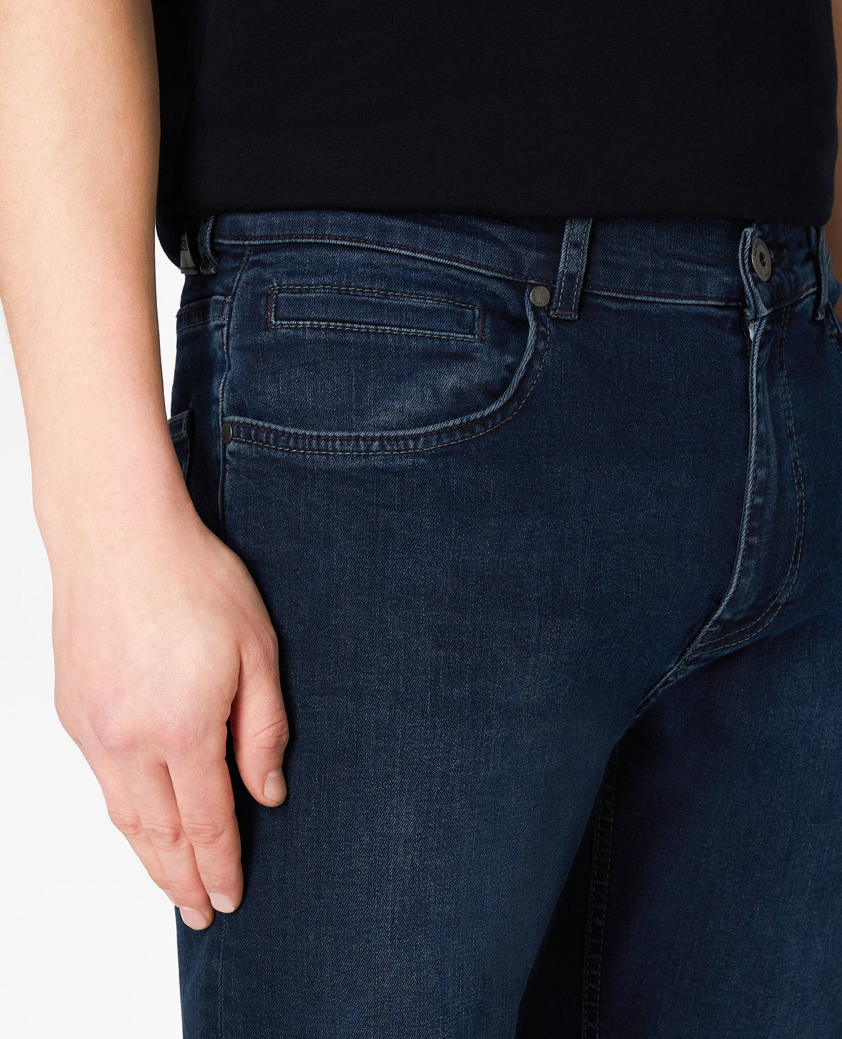 Man wearing a blue Ramsey Straight Leg Cotton-Stretch Jeans