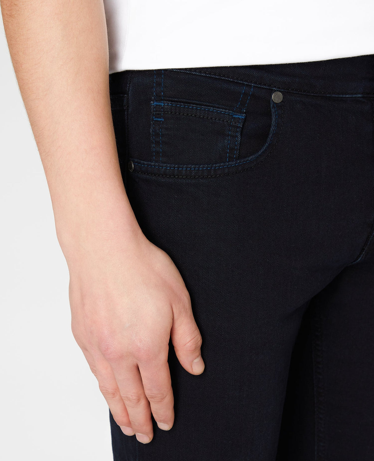 Man wearing a navy Rolston Straight Leg Cotton Stretch Jeans