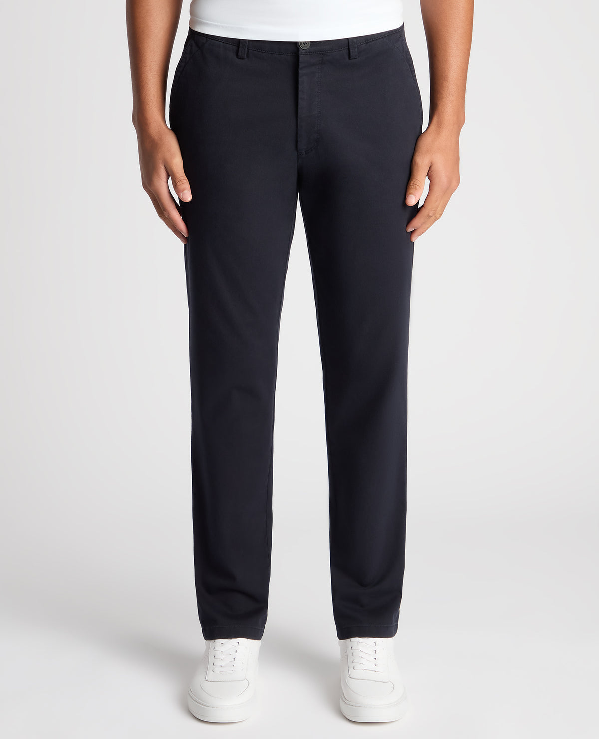 Man wearing a navy Slim Leg Cotton-Stretch Chino
