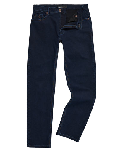 Man wearing a navy Rogan Straight Leg Cotton Power Stretch Jeans