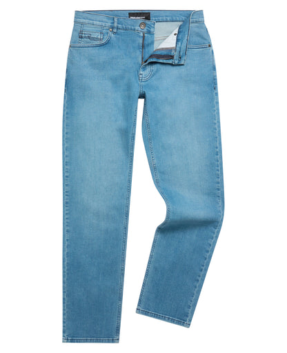 Man wearing a blue Rogan Straight Leg Eco Cotton-Stretch Jeans