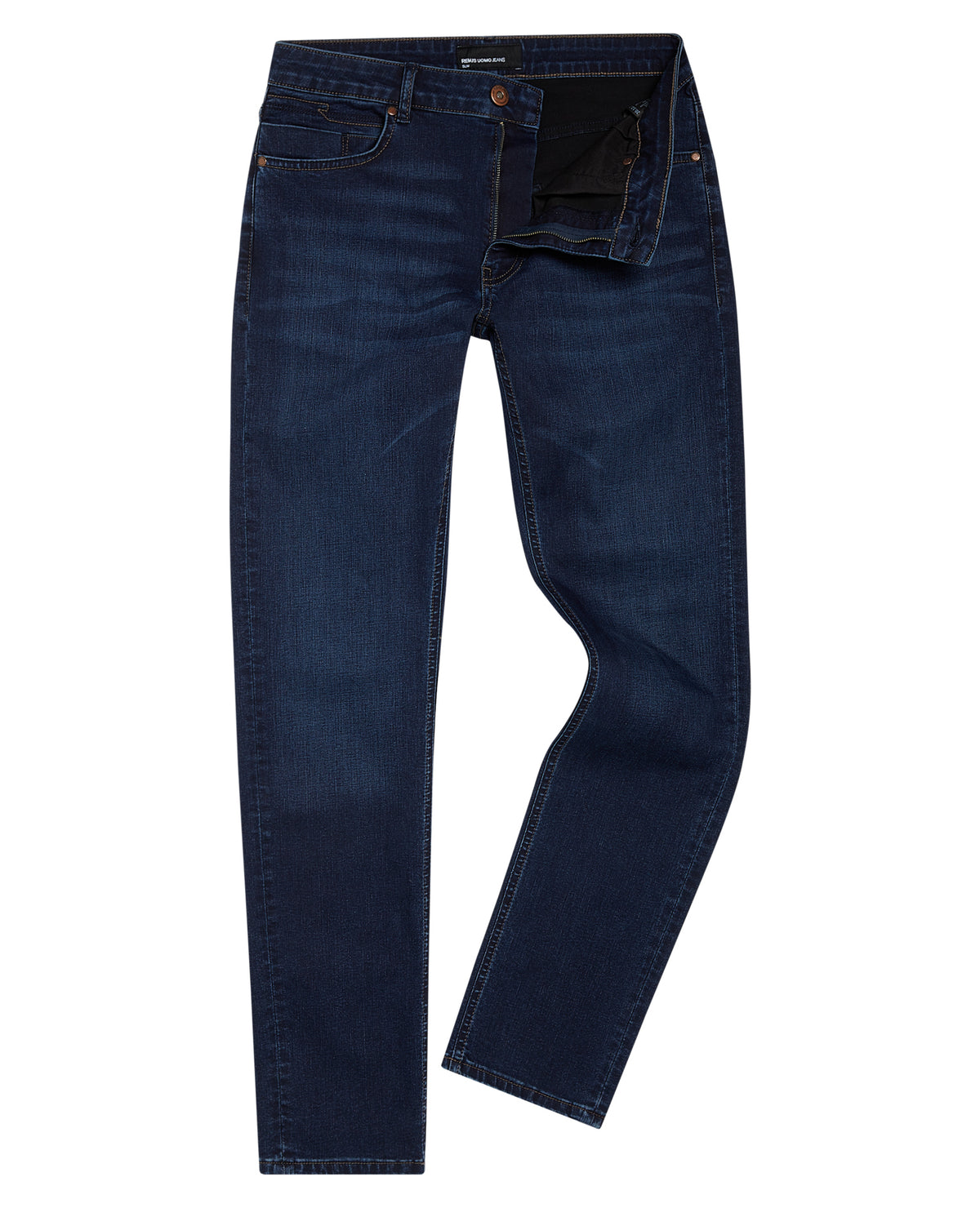 Man wearing a navy Apollo Slim Leg Cotton Power Stretch Jean
