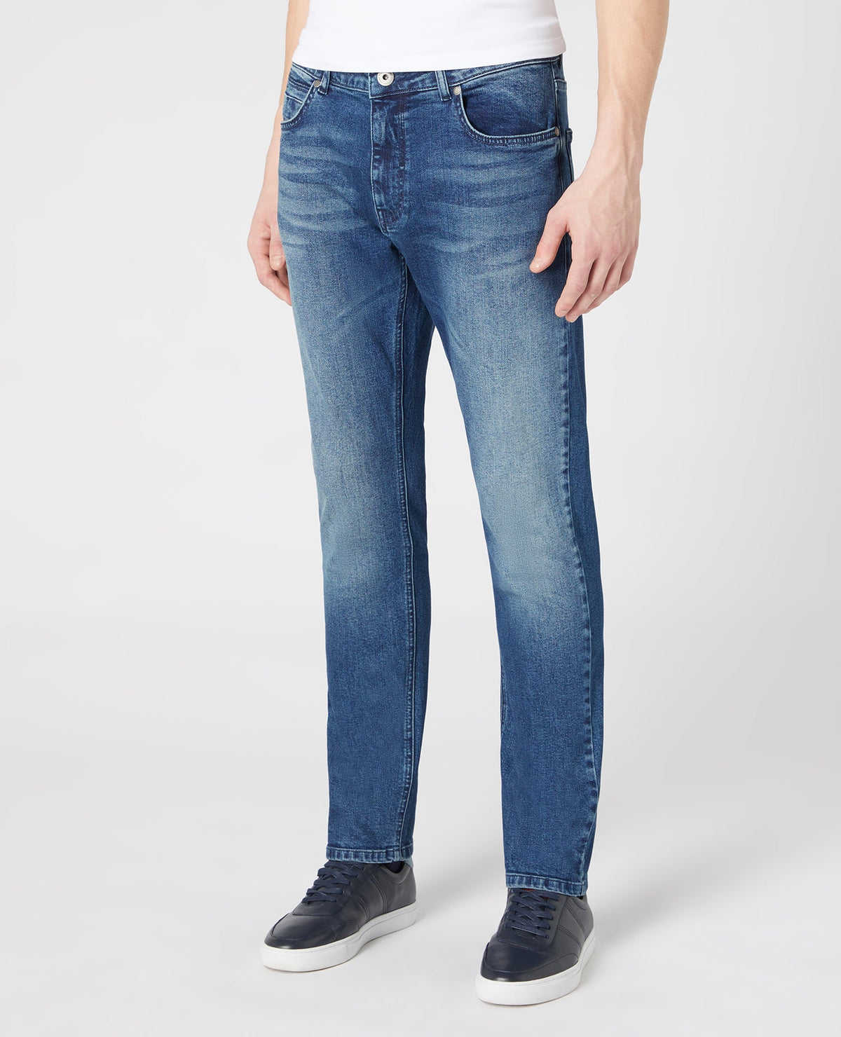 Man wearing a blue Slim Leg Comfort Stretch Jean