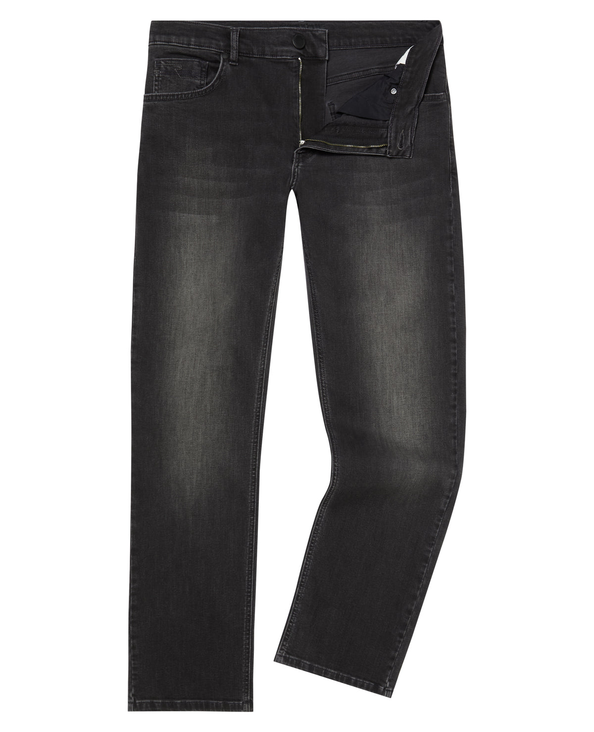 Man wearing a grey Rogan Dark Wash Straight Leg Jeans