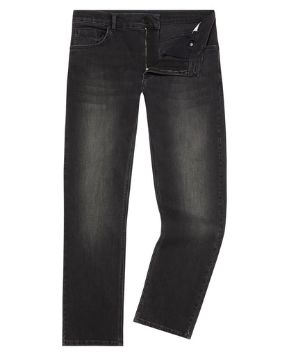 Man wearing a grey Rogan Dark Wash Straight Leg Jeans