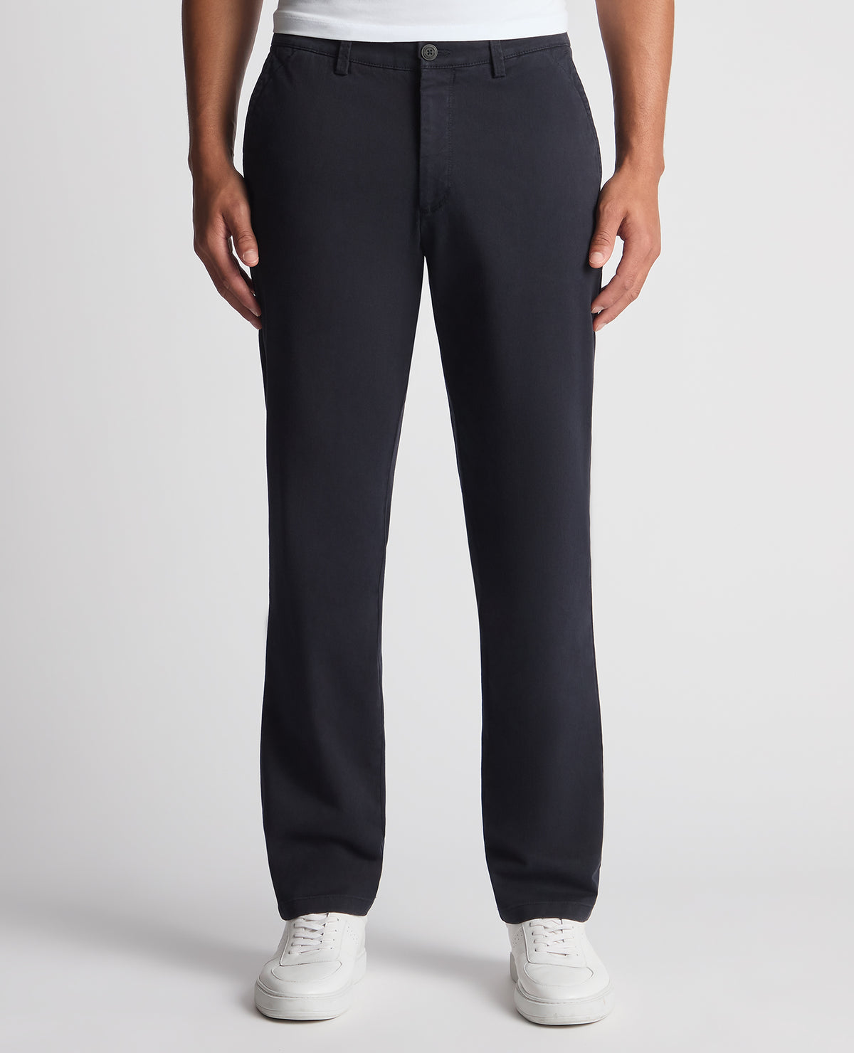Man wearing a navy Straight Leg Cotton-Stretch Ronan Chino