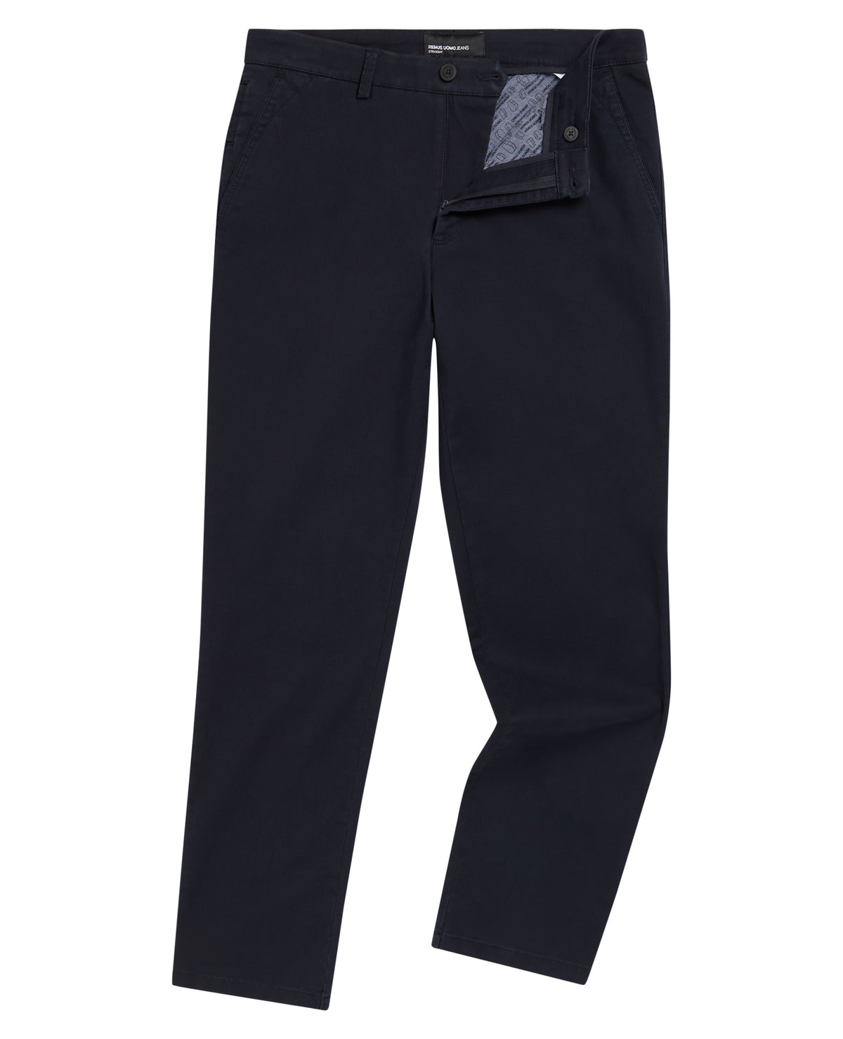Man wearing a navy Straight Leg Cotton-Stretch Ronan Chino