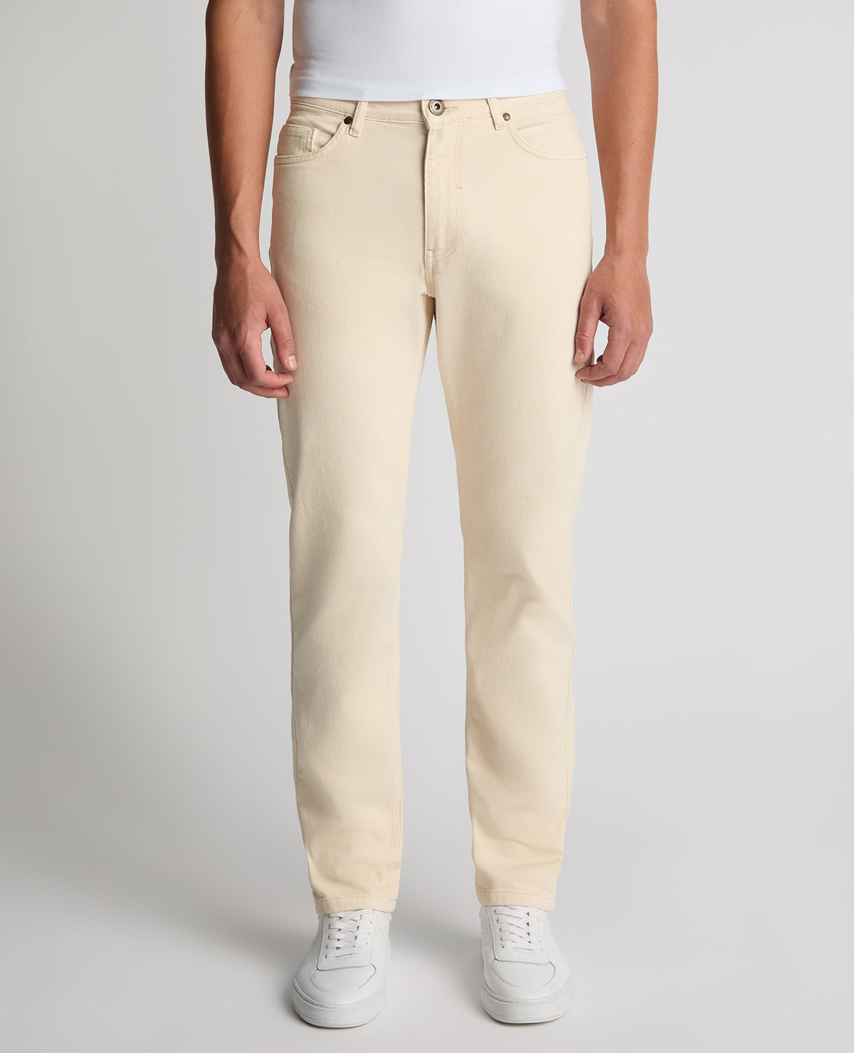 Man wearing a sand Roman Modern Straight Fit Cotton-Stretch Jean