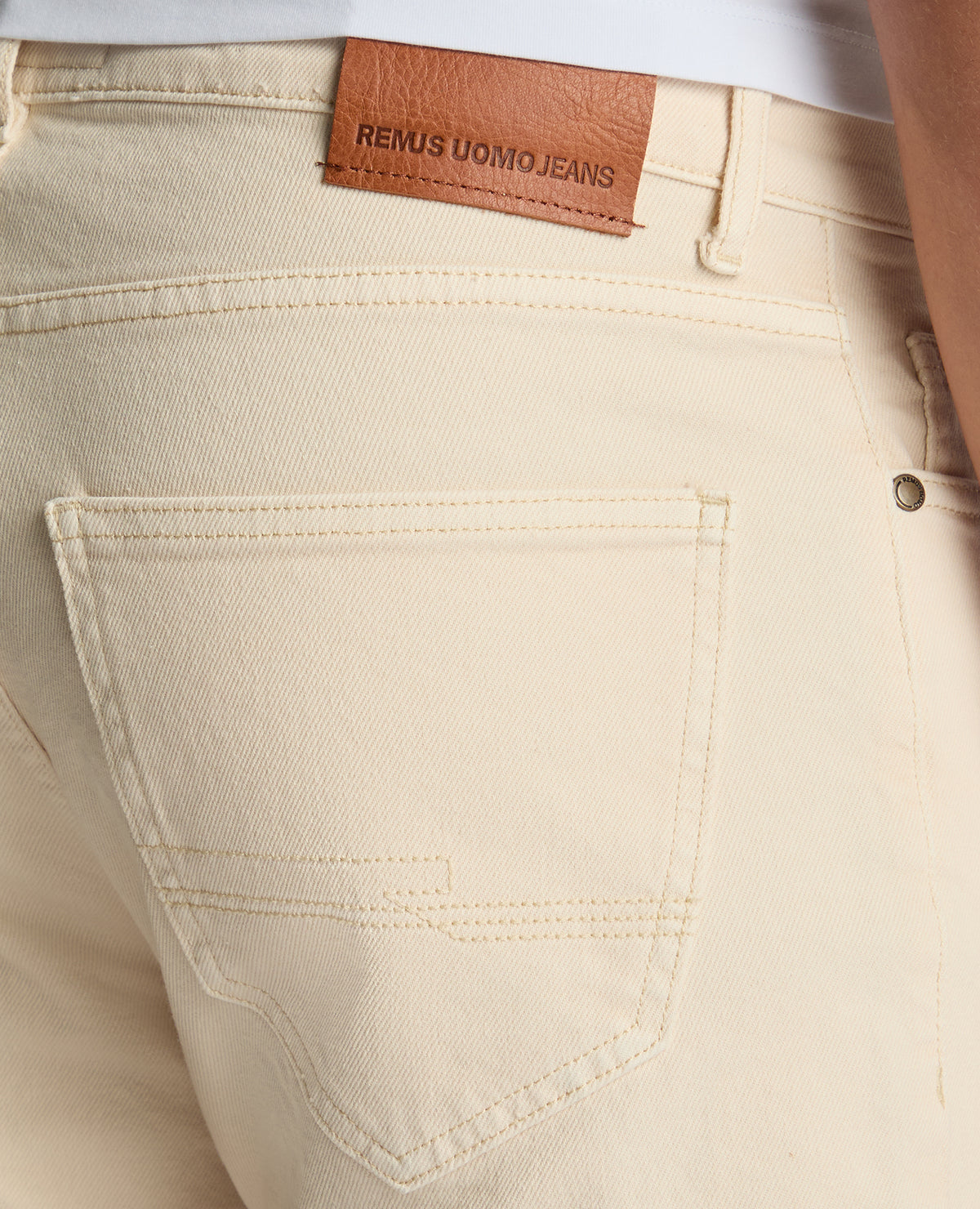 Man wearing a sand Roman Modern Straight Fit Cotton-Stretch Jean