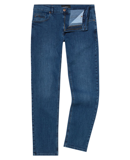 Man wearing a blue Rogan Straight Leg Jeans