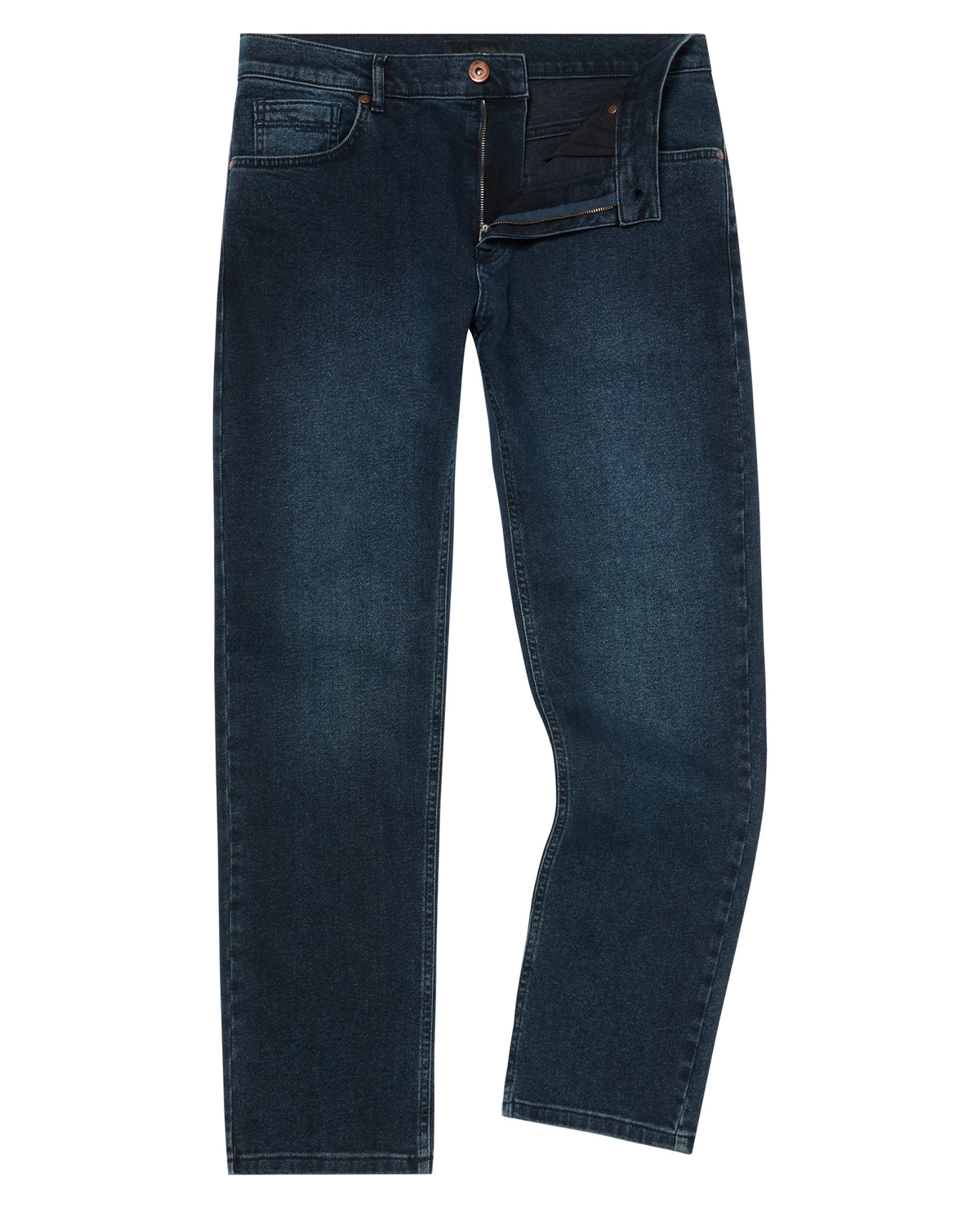 Man wearing a navy Rogan Straight Leg Jeans