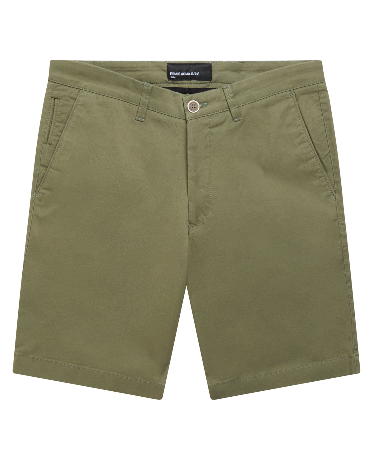 Man wearing a green Slim Leg Cotton-Stretch Chino Short