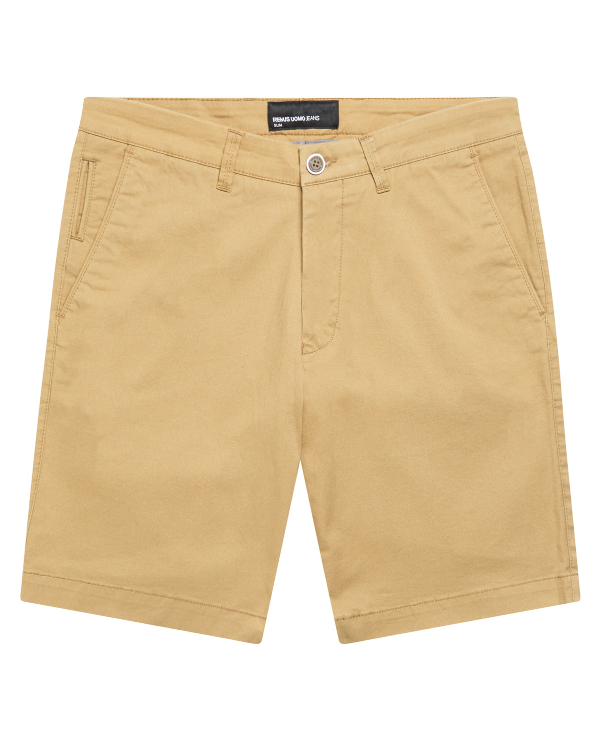 Man wearing a sand Slim Leg Cotton-Stretch Chino Short