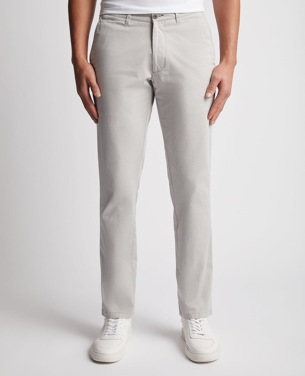 Man wearing a grey Slim Leg Cotton Stretch Chinos