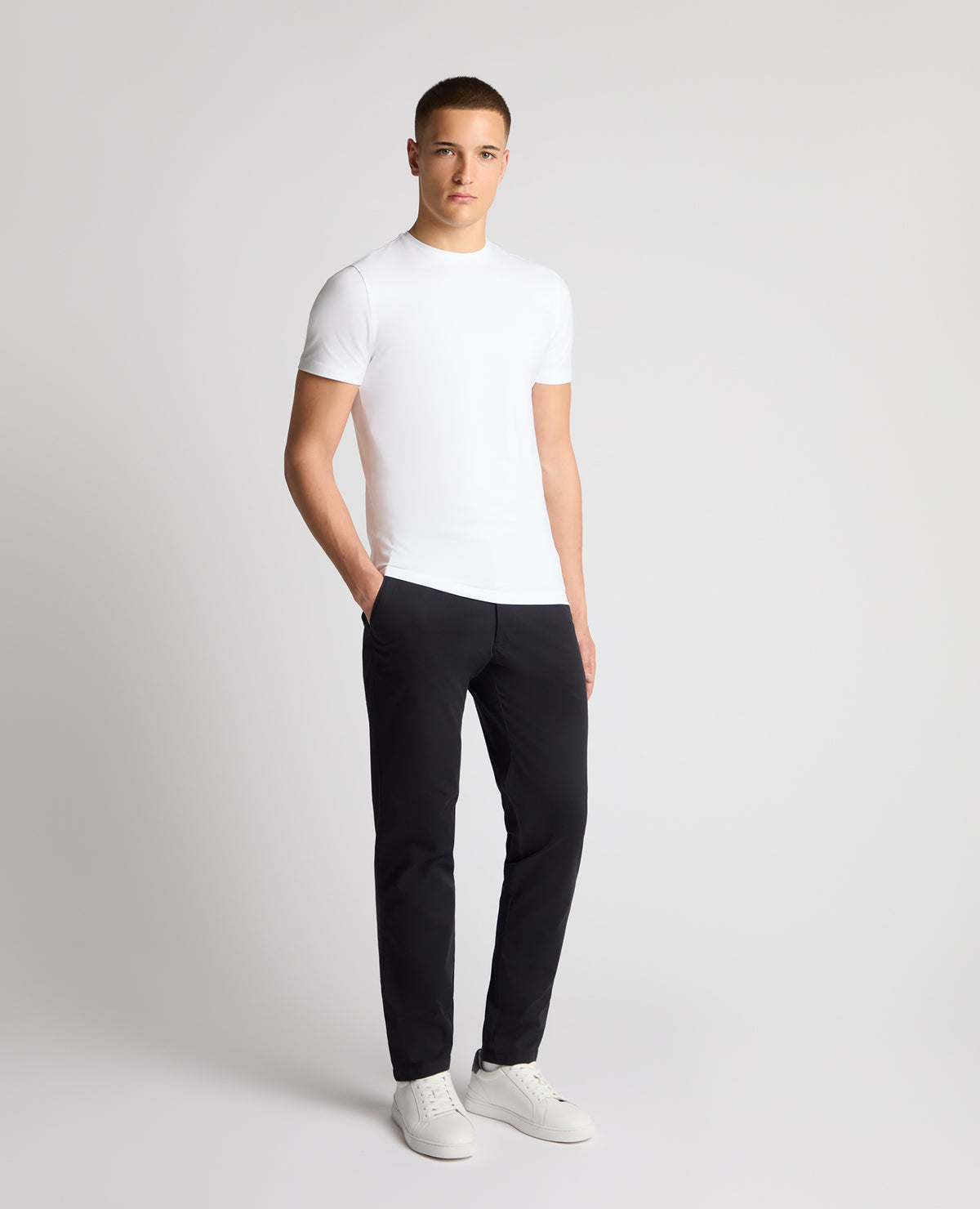 Man wearing a navy chino