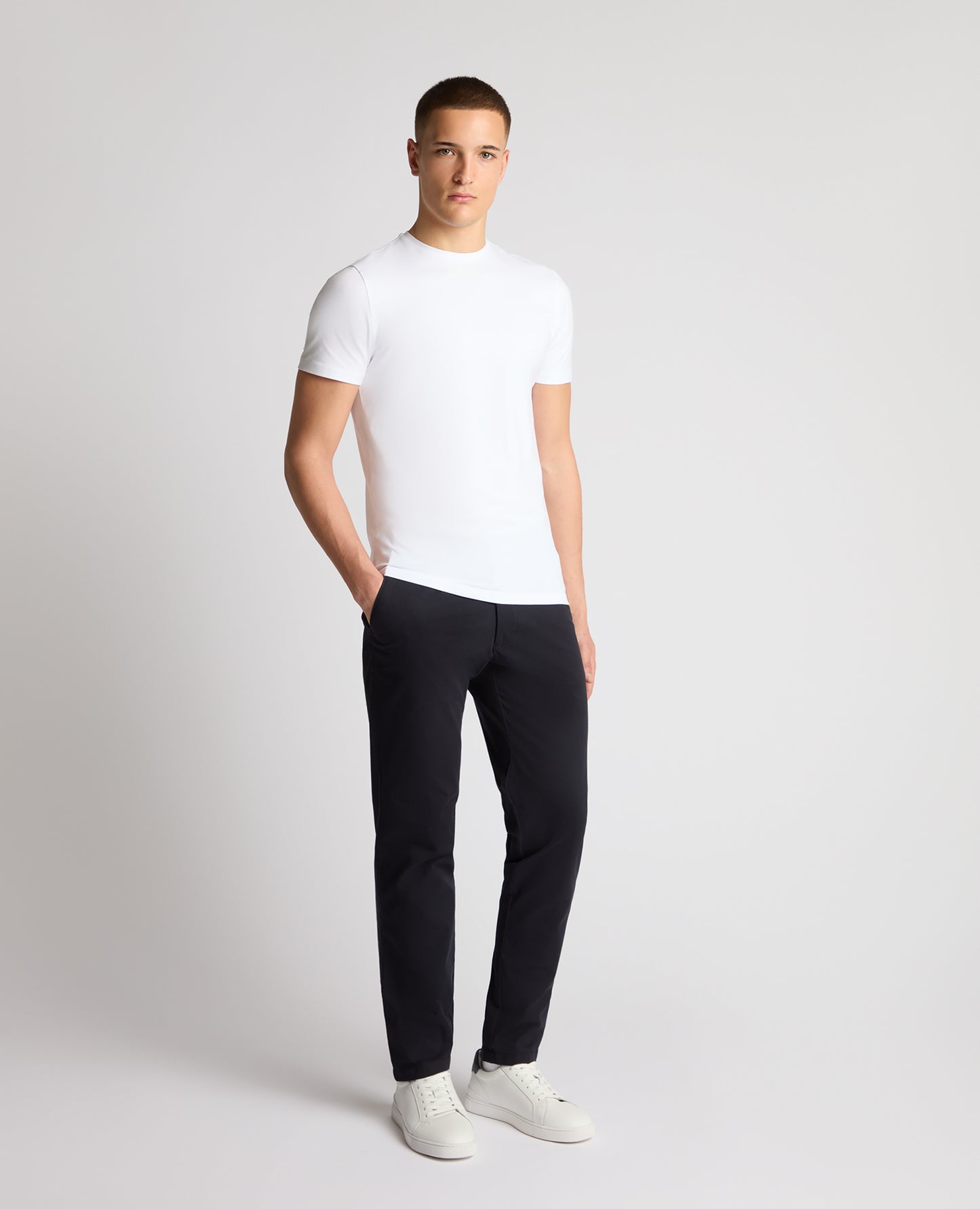 Man wearing a navy chino