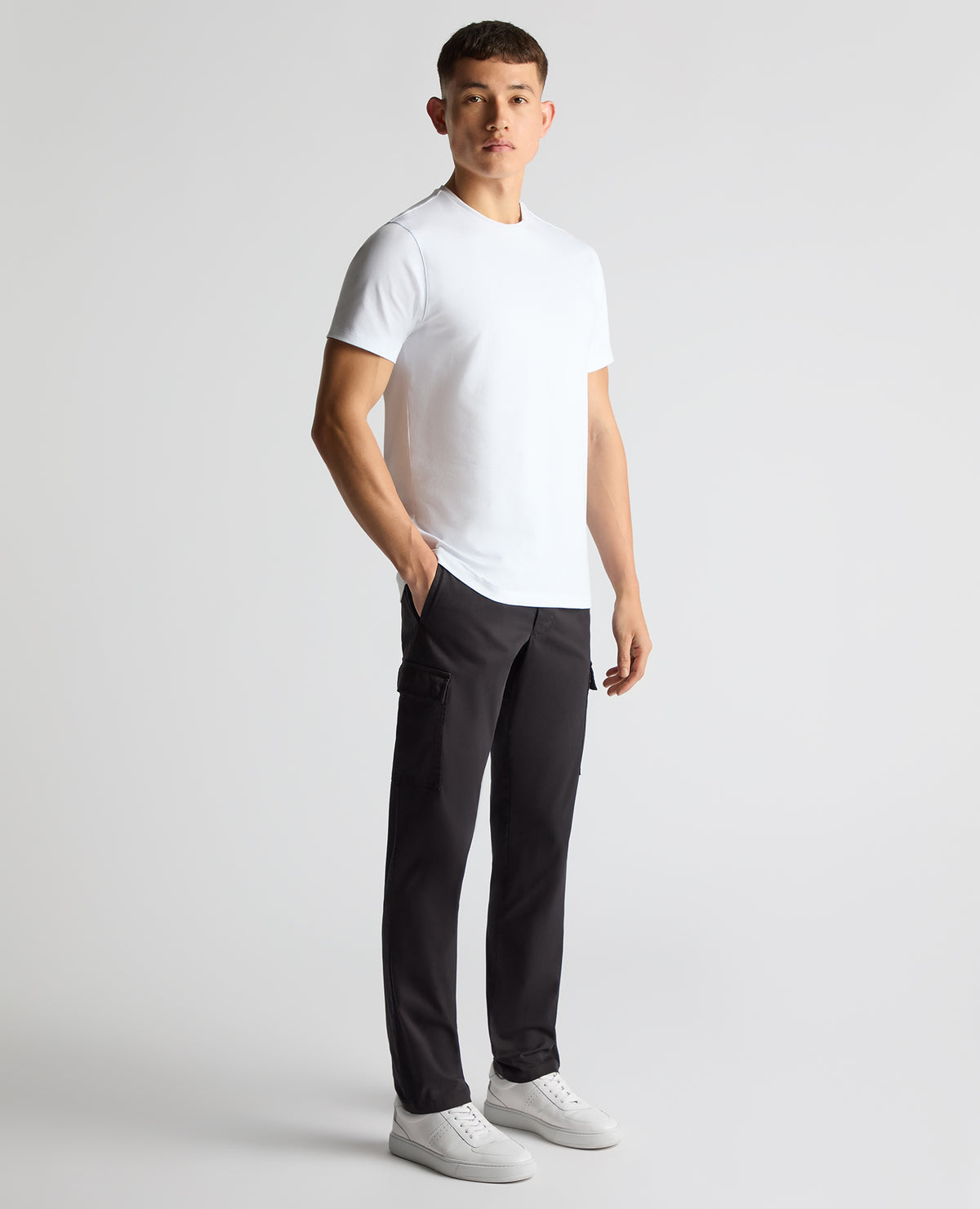 Man wearing a grey Slim Fit Cotton Stretch Cargos