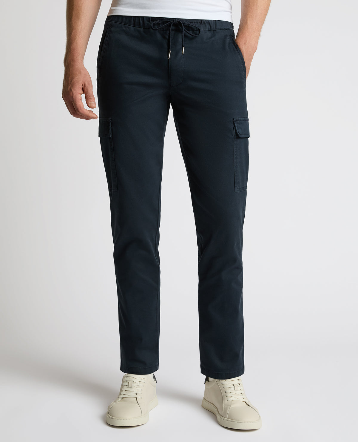 Man wearing a blue Slim Leg Cotton-Stretch Eton Cargos