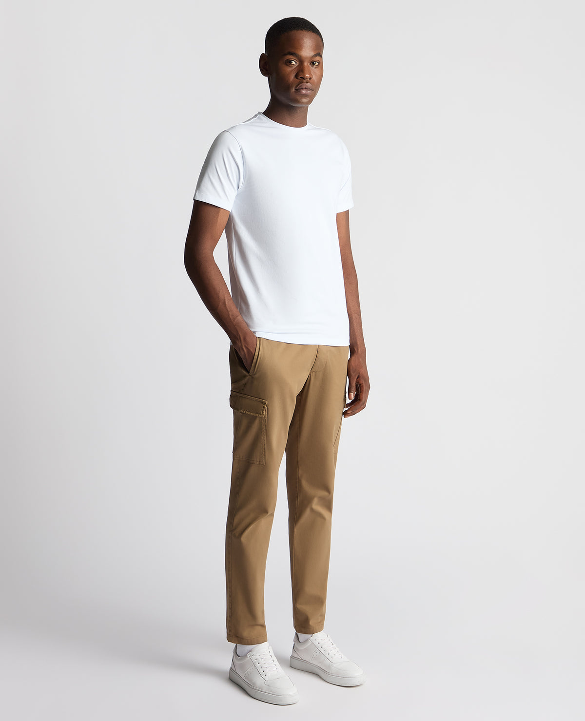 Man wearing a sand Slim Fit Cotton Stretch Cargos
