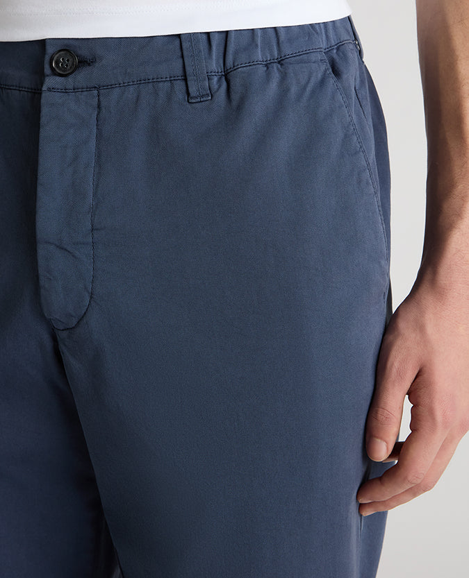 Man wearing a blue Straight Leg Cotton-Tencel Blend Chinos