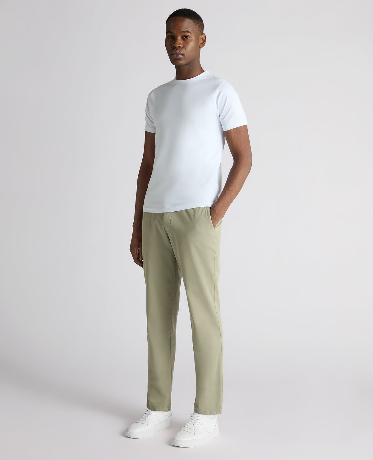 Man wearing a green Straight Leg Cotton-Tencel Blend Chinos