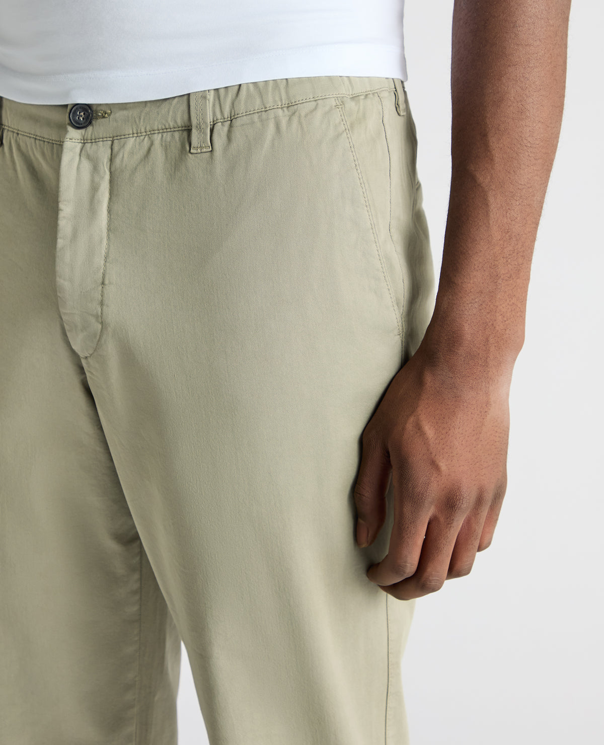 Man wearing a green Straight Leg Cotton-Tencel Blend Chinos