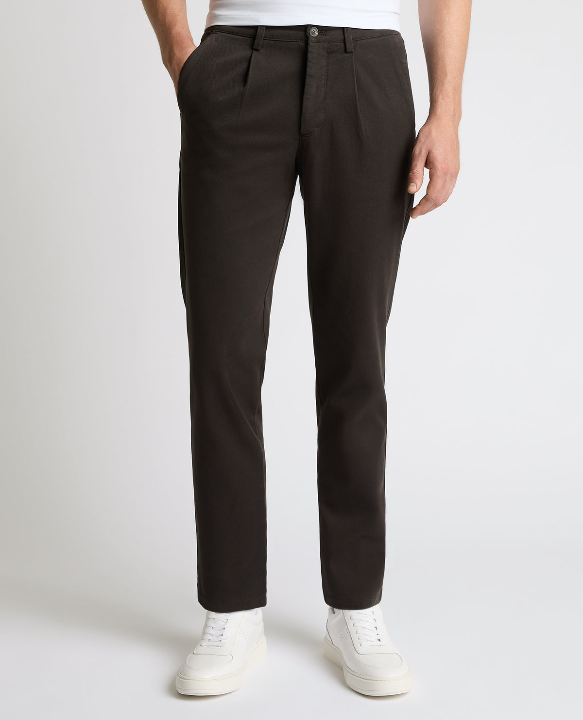Man wearing a brown Straight Leg Cotton-Stretch Riley Chinos