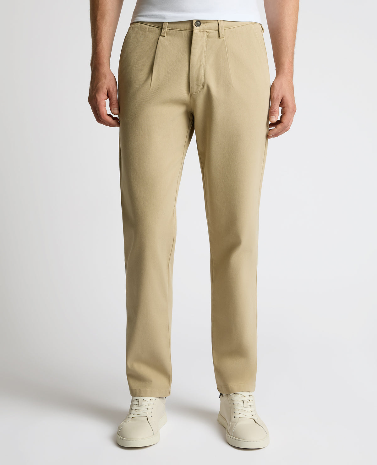 Man wearing a sand Straight Leg Cotton-Stretch Riley Chinos