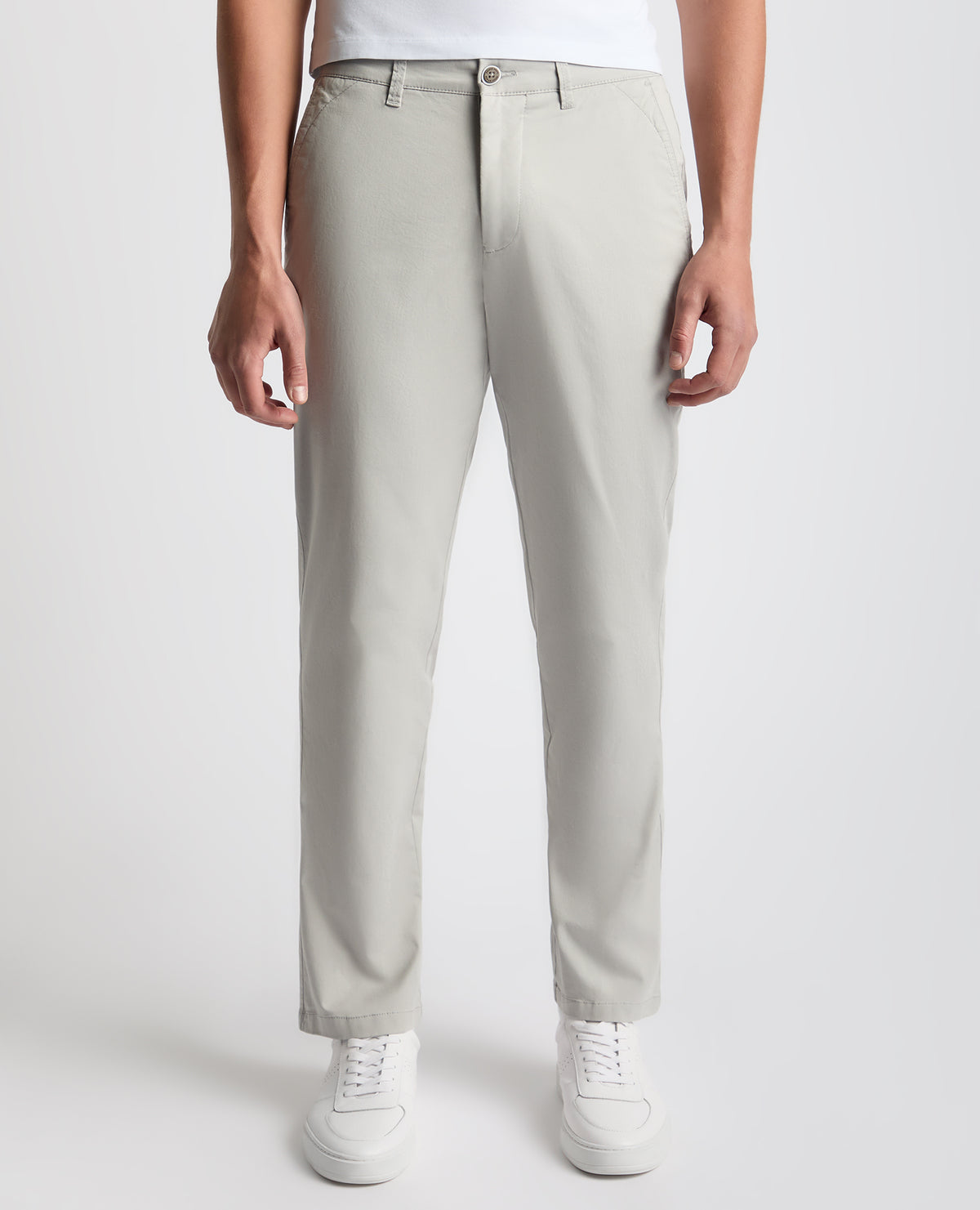 Man wearing a grey Straight Leg Cotton Stretch Chino