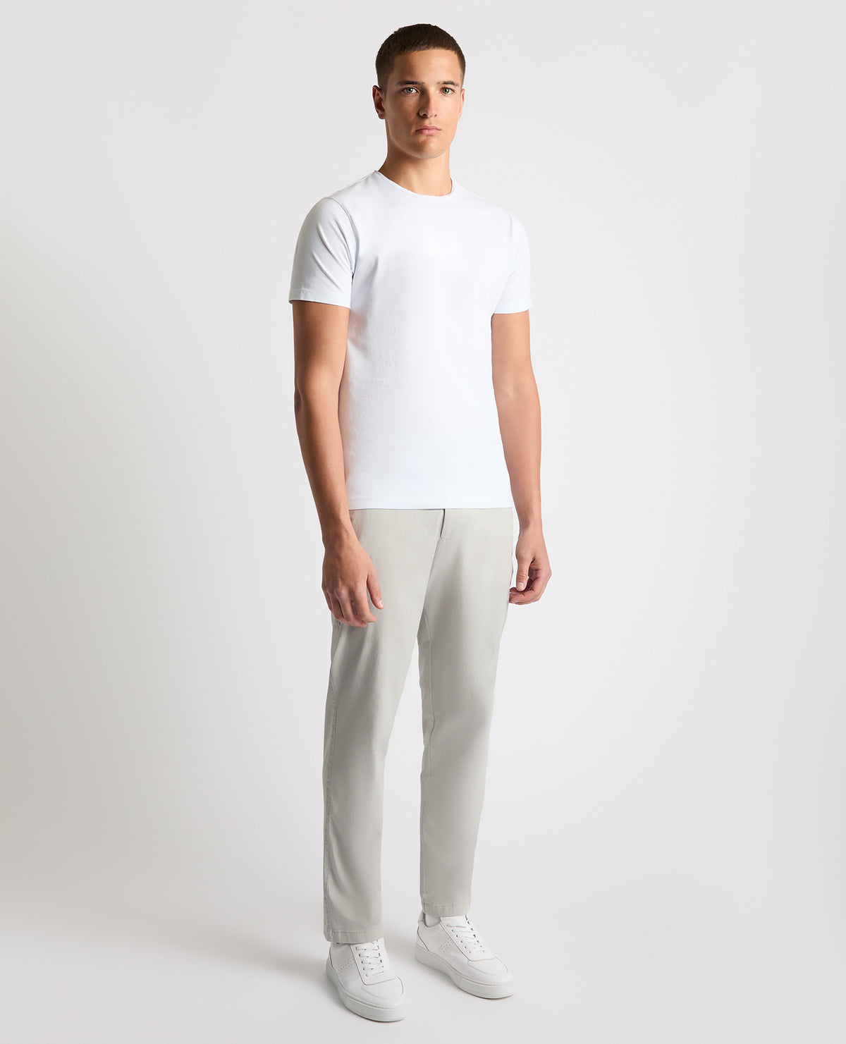 Man wearing a grey Straight Leg Cotton Stretch Chino