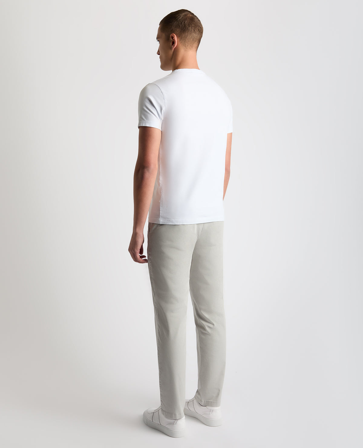 Man wearing a grey Straight Leg Cotton Stretch Chino