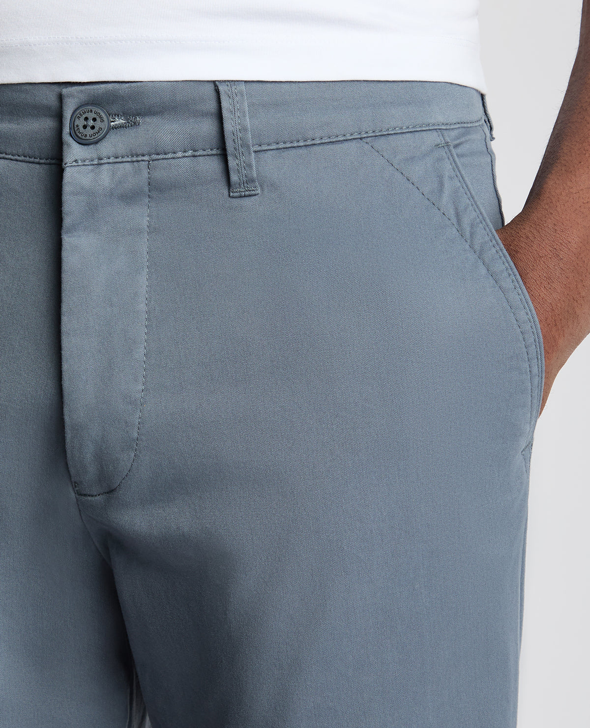 Man wearing a blue Straight Leg Cotton Stretch Chino