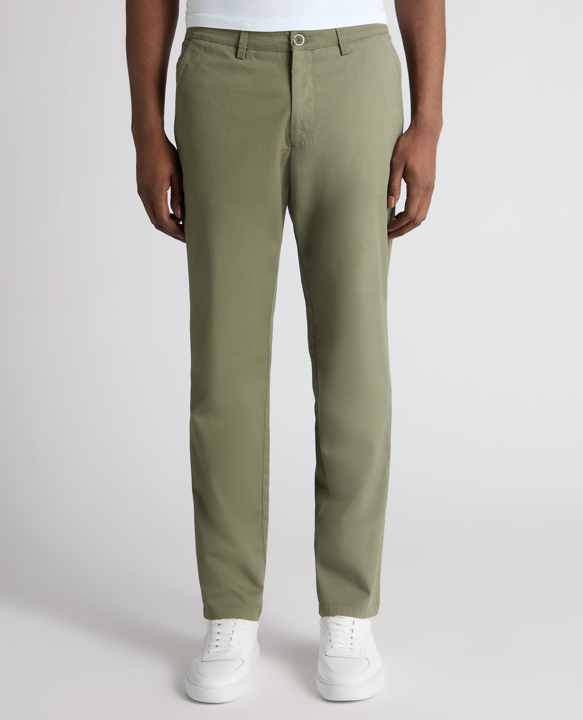 Man wearing a green Straight Leg Cotton Stretch Chino