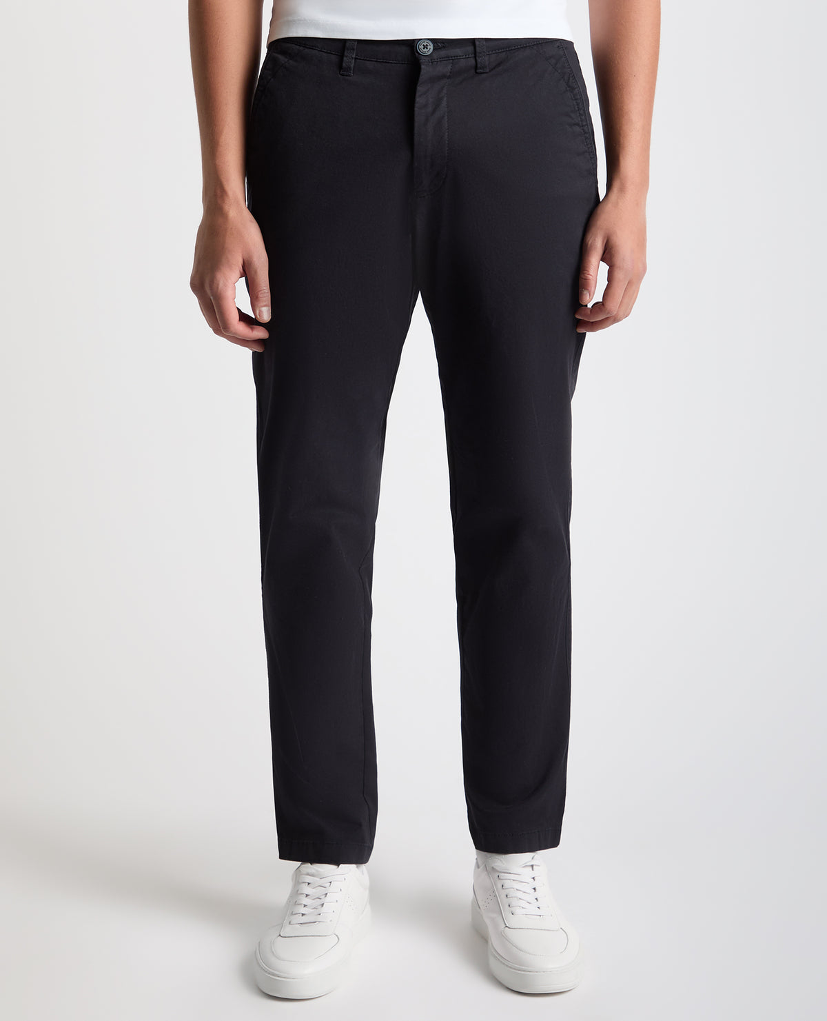 Man wearing a navy Straight Leg Cotton Stretch Chino