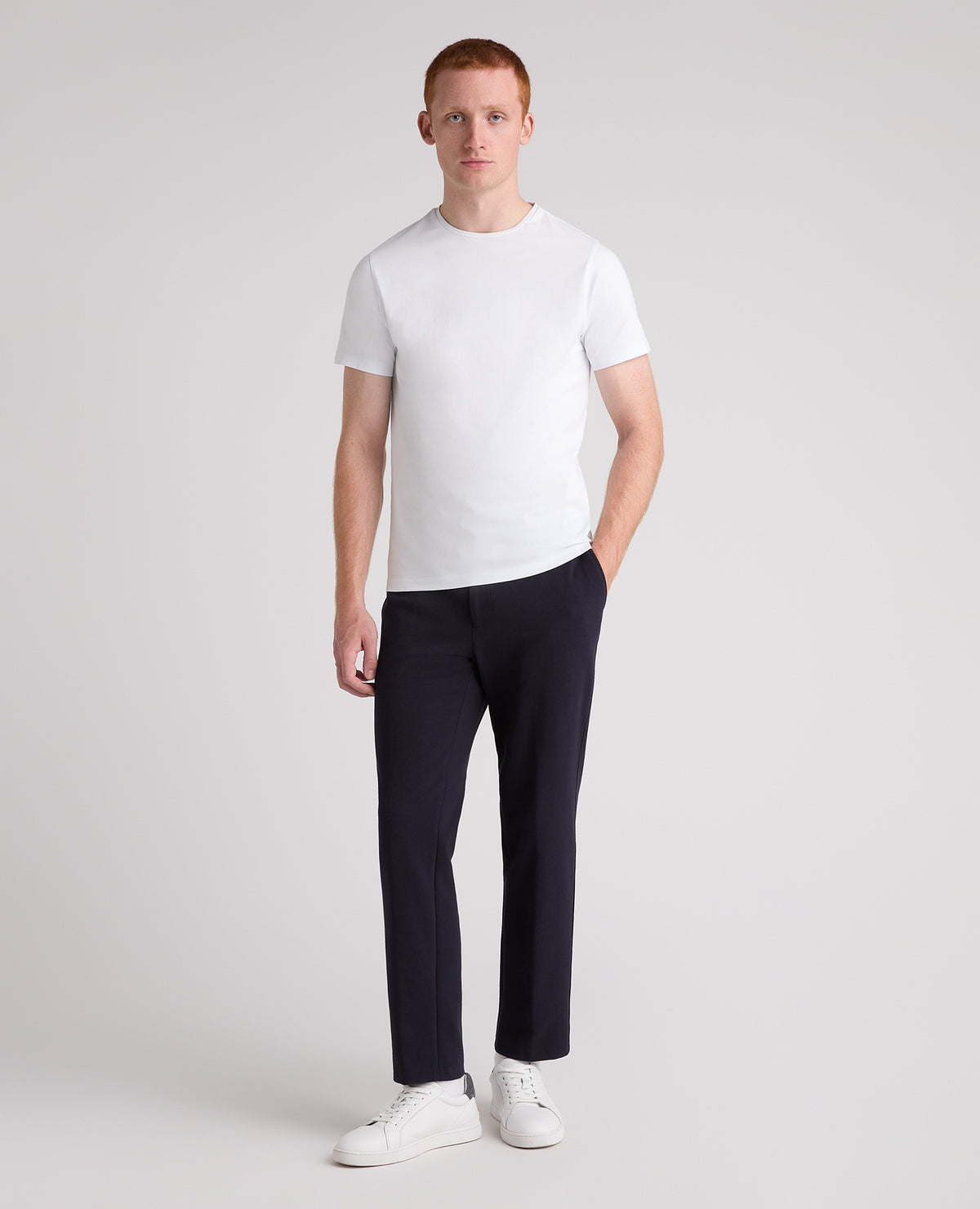 Navy Tapered Fit Cotton Blend Trousers