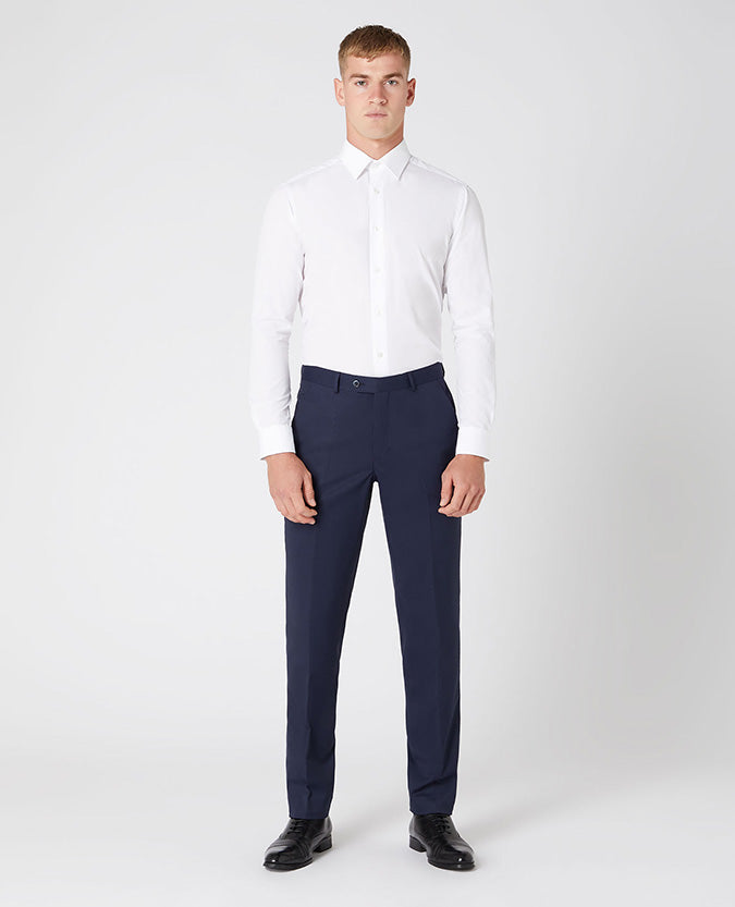 Man wearing a navy Slim Fit Wool-Blend Stretch Mix and Match Trousers