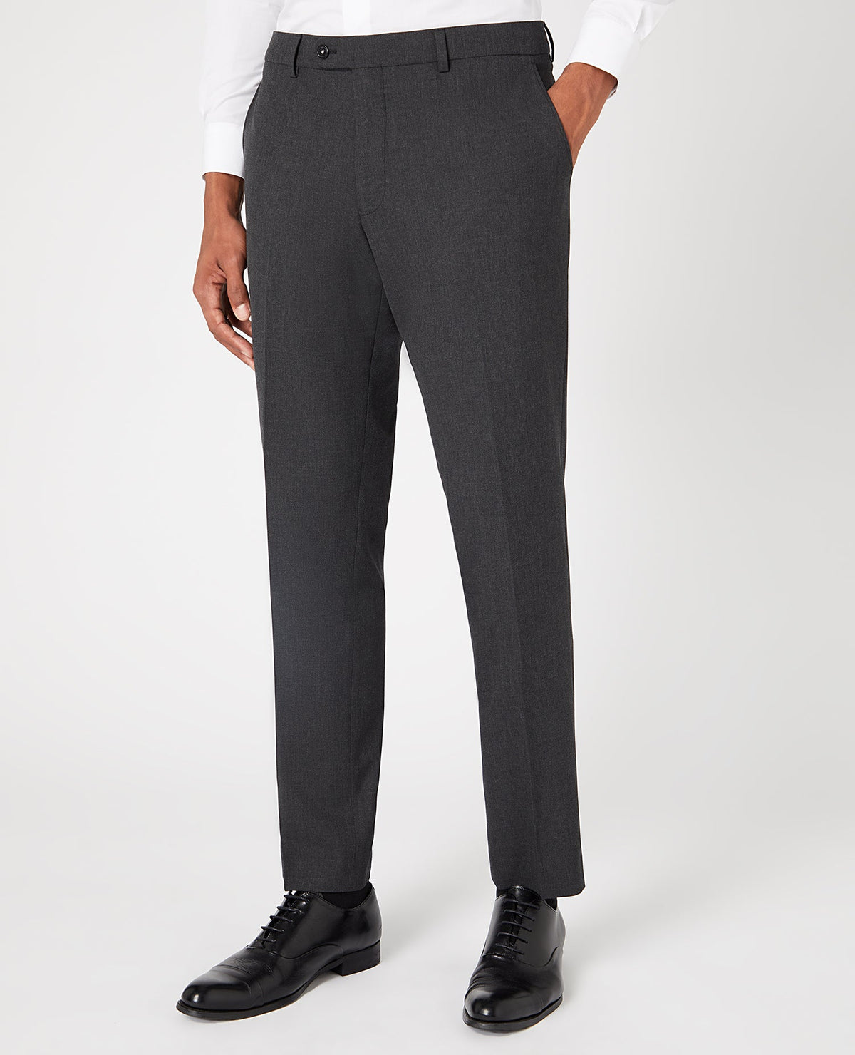 Man wearing a grey Tapered Leg Stretch Formal Trousers