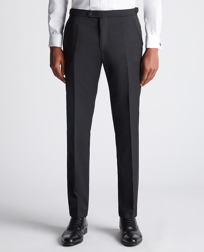 Man wearing a black Slim Fit Satin Stripe Suit Trouser