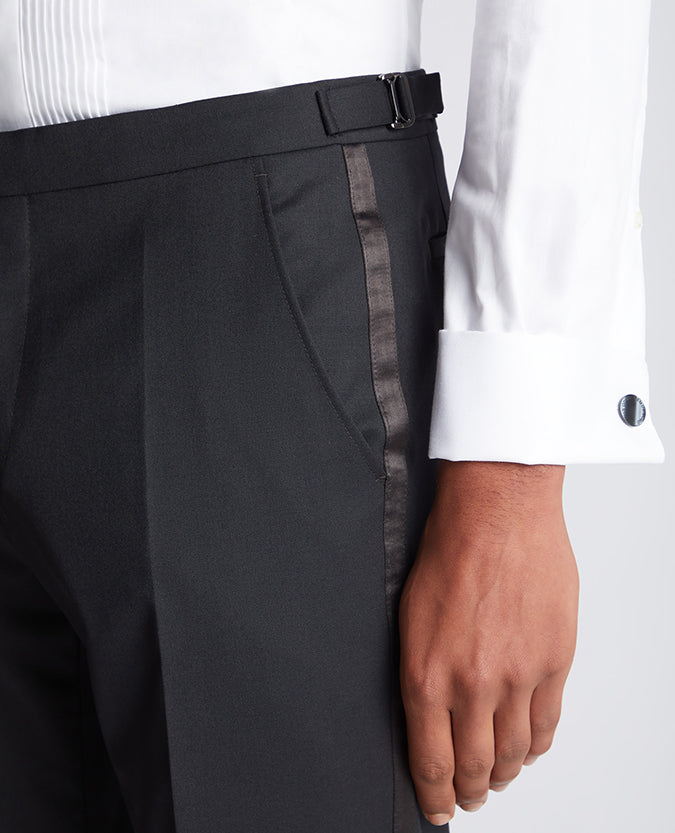 Man wearing a black Slim Fit Satin Stripe Suit Trouser