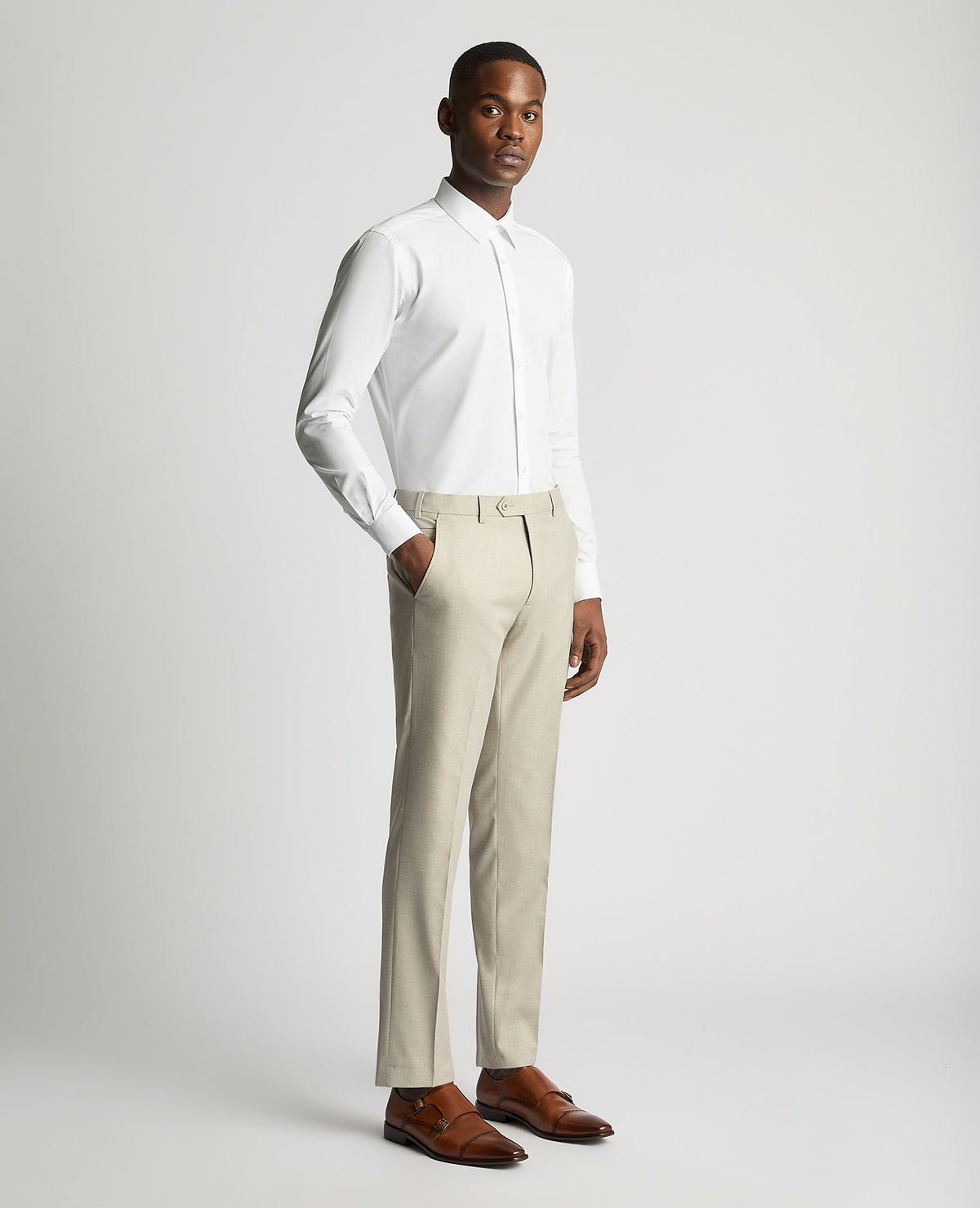 Man wearing a sand Stretch Formal Trousers