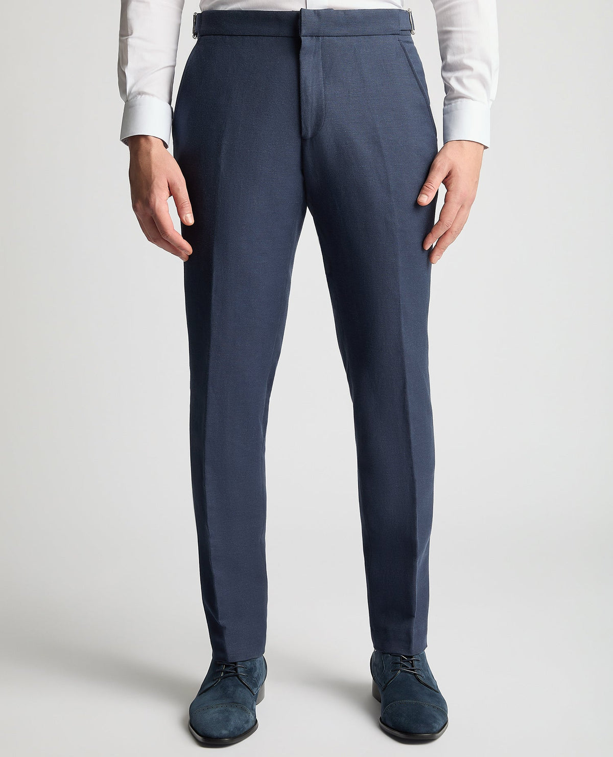 Man wearing a blue Slim Leg Linen-Blend Formal Trousers
