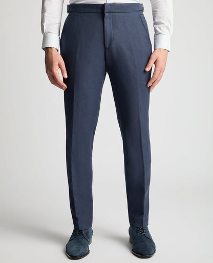 Man wearing a blue Slim Leg Linen-Blend Formal Trousers