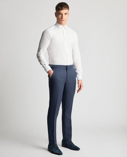Man wearing a blue Slim Leg Linen-Blend Formal Trousers