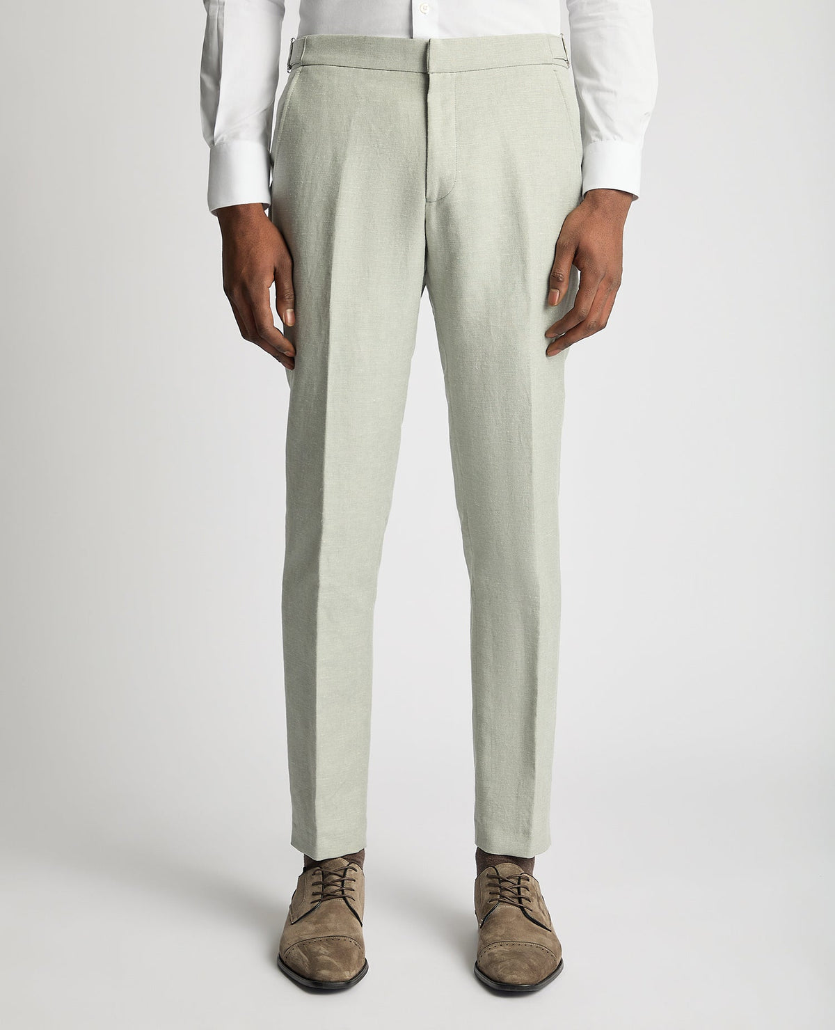 Man wearing a green Slim Leg Linen-Blend Formal Trousers