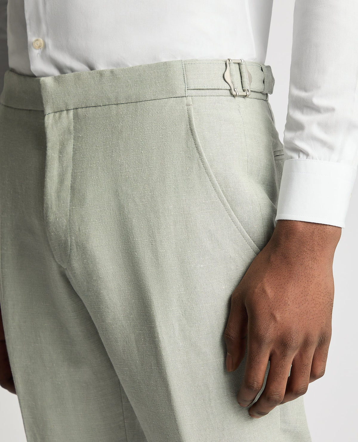 Man wearing a green Slim Leg Linen-Blend Formal Trousers