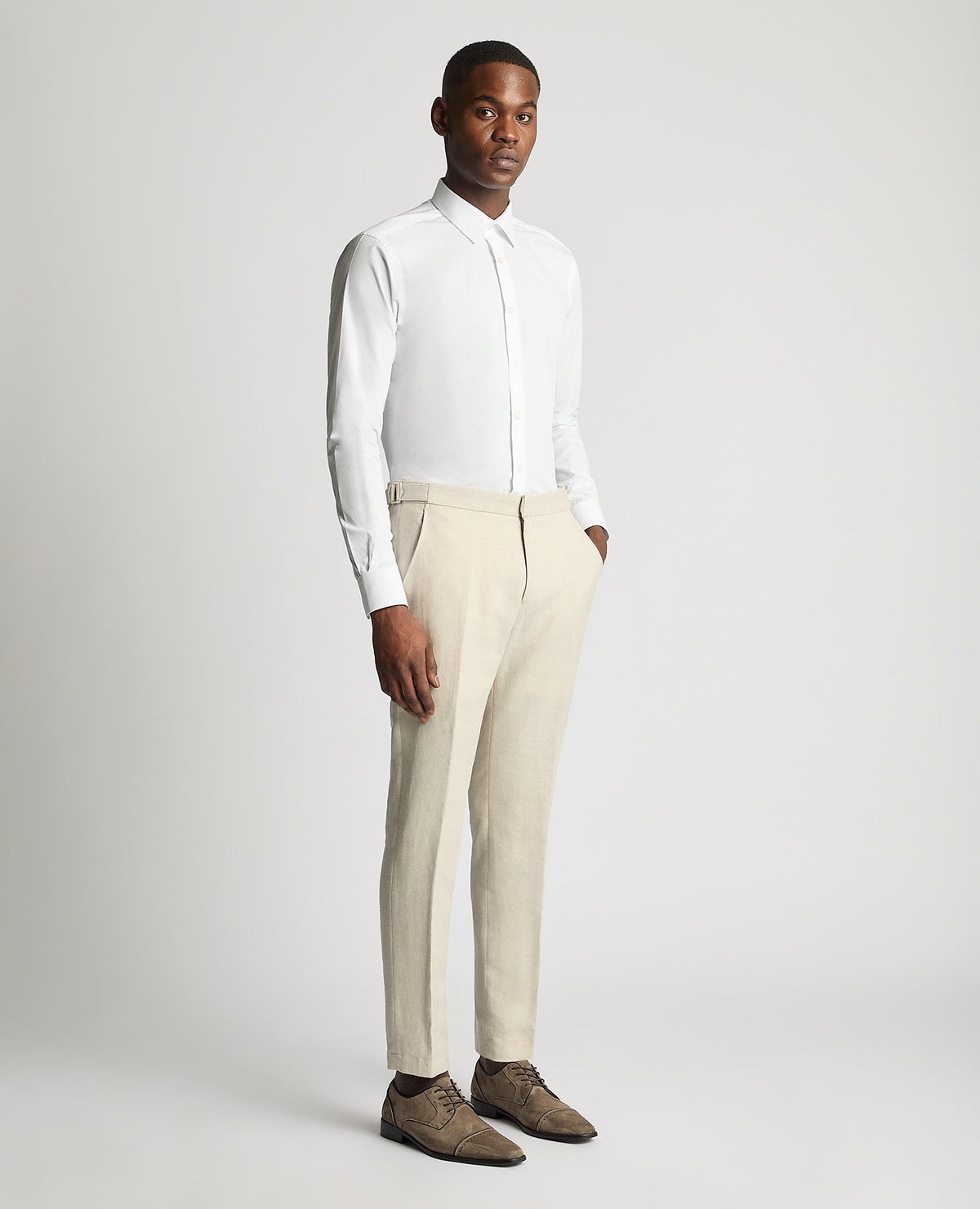 Man wearing a sand Slim Leg Linen-Blend Formal Trousers