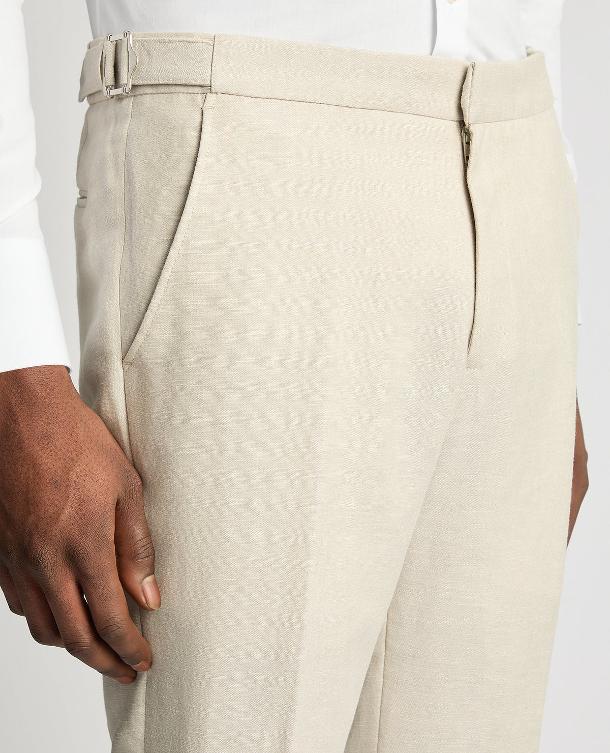 Man wearing a sand Slim Leg Linen-Blend Formal Trousers