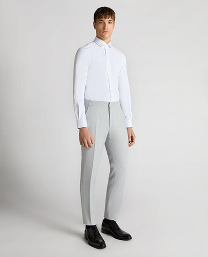 Man wearing a blue Tapered Fit Linen-Blend Formal Trousers