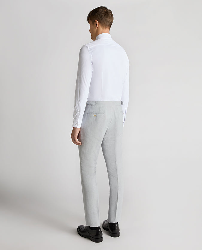 Man wearing a blue Tapered Fit Linen-Blend Formal Trousers