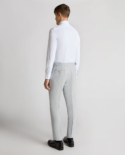 Man wearing a blue Tapered Fit Linen-Blend Formal Trousers